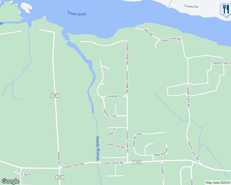 map of restaurants, bars, coffee shops, grocery stores, and more near 102 Longleaf Lane in New Bern