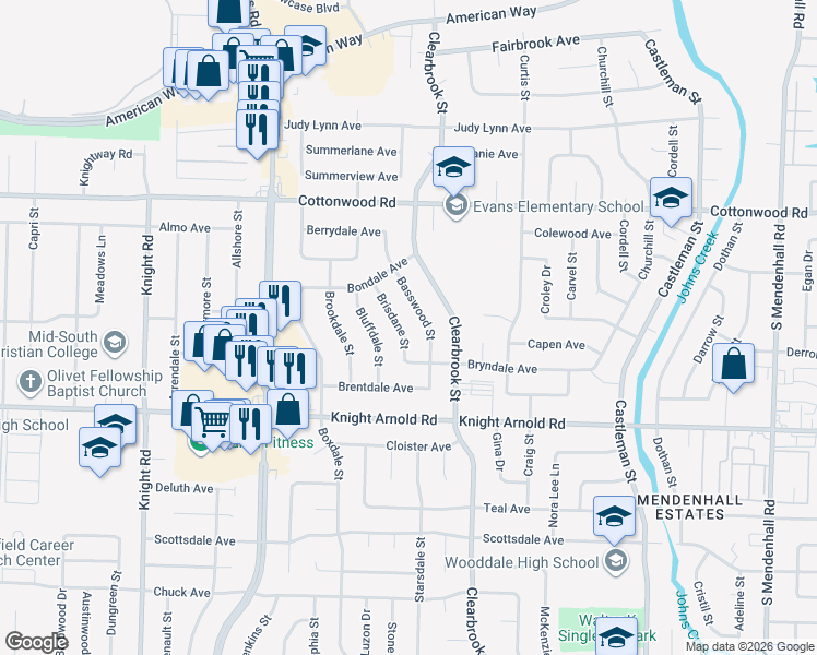 map of restaurants, bars, coffee shops, grocery stores, and more near 3050 Basswood Street in Memphis
