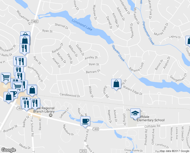 map of restaurants, bars, coffee shops, grocery stores, and more near 7315 Bertram Dr in Fayetteville