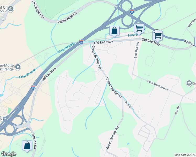 map of restaurants, bars, coffee shops, grocery stores, and more near 4811 Rolling Green Drive in Ooltewah