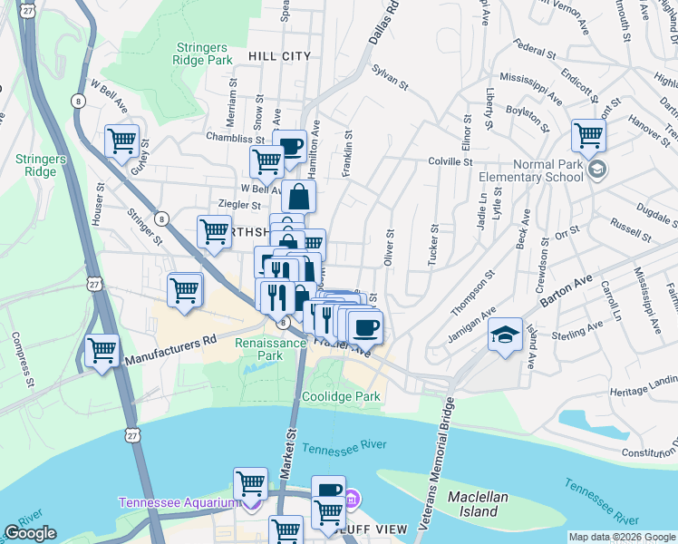 map of restaurants, bars, coffee shops, grocery stores, and more near 146 East Manning Street in Chattanooga
