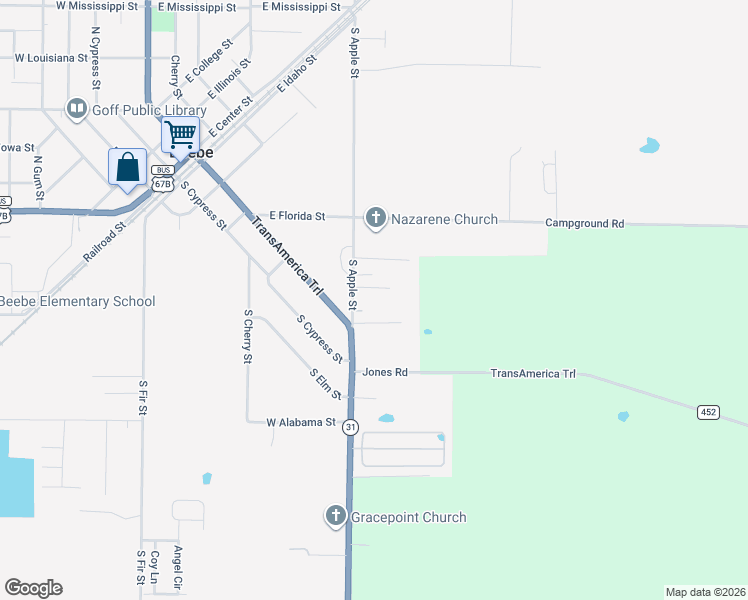 map of restaurants, bars, coffee shops, grocery stores, and more near 106 Fox Street in Beebe