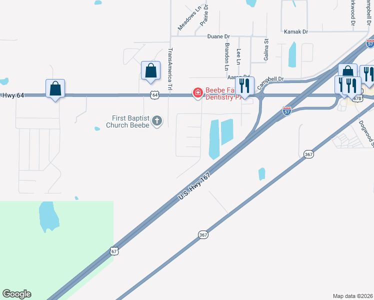 map of restaurants, bars, coffee shops, grocery stores, and more near 104 Tamarack Court in Beebe