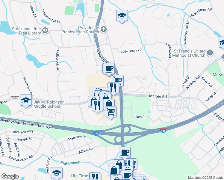 map of restaurants, bars, coffee shops, grocery stores, and more near 5130 Ballantyne Commons Parkway in Charlotte