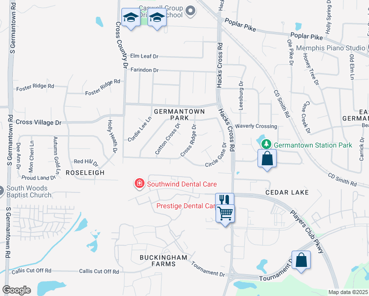 map of restaurants, bars, coffee shops, grocery stores, and more near 7962 Cross Ridge Drive in Germantown