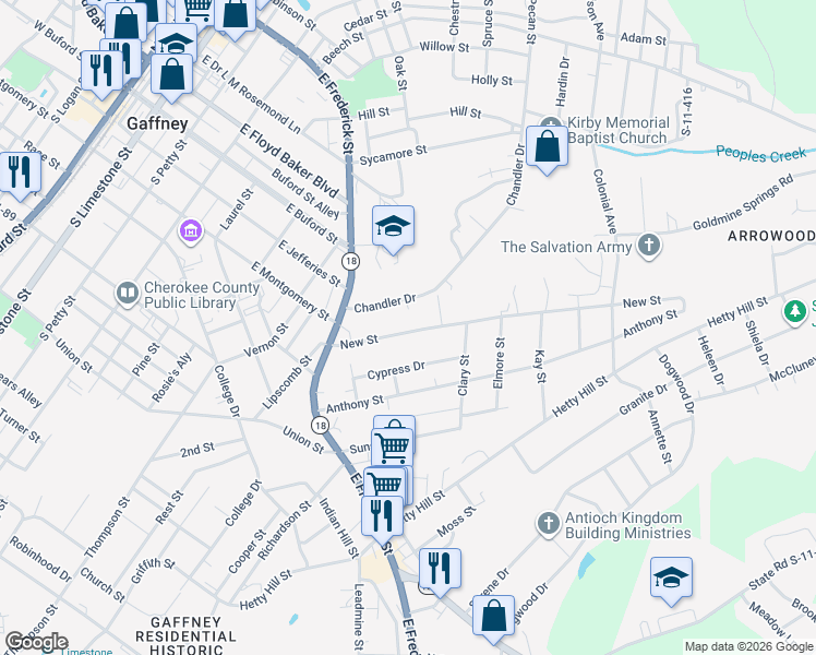 map of restaurants, bars, coffee shops, grocery stores, and more near 131 New Street in Gaffney