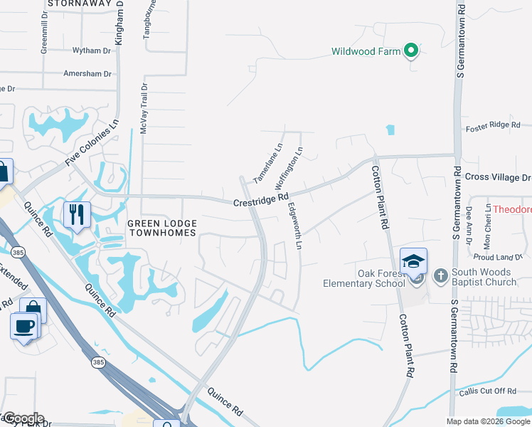 map of restaurants, bars, coffee shops, grocery stores, and more near 7165 Crestridge Road in Memphis