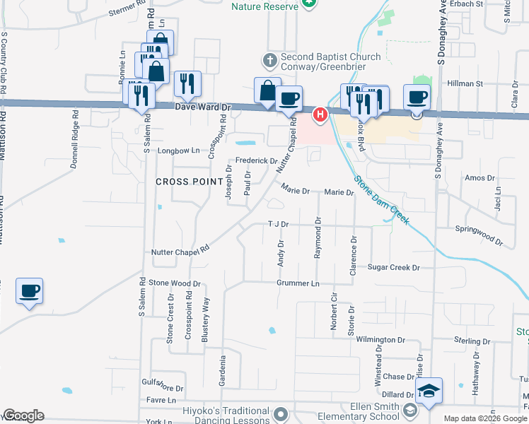 map of restaurants, bars, coffee shops, grocery stores, and more near 2595 Nutter Chapel Road in Conway
