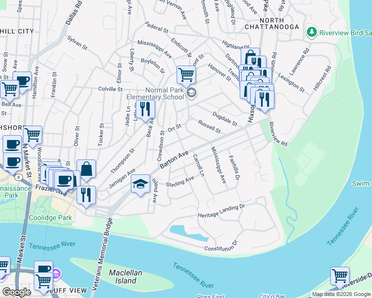 map of restaurants, bars, coffee shops, grocery stores, and more near 609 Barton Avenue in Chattanooga