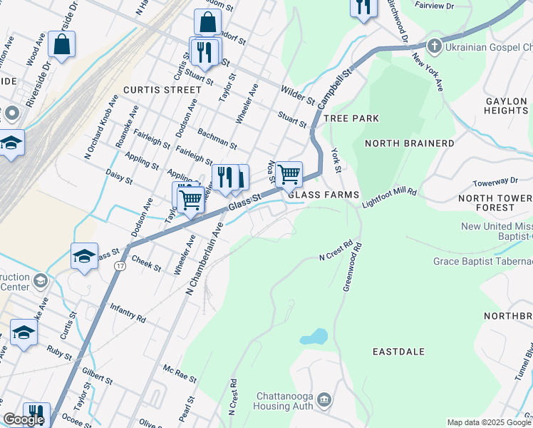 map of restaurants, bars, coffee shops, grocery stores, and more near 2410 Wetmore Street in Chattanooga