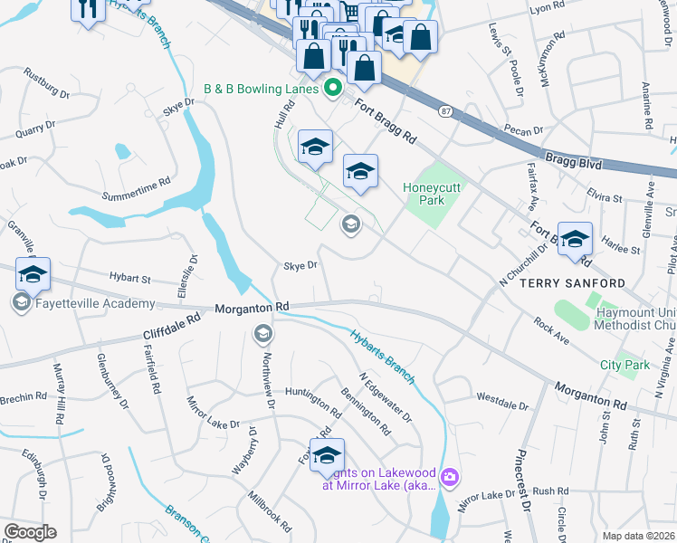 map of restaurants, bars, coffee shops, grocery stores, and more near 2712 Skye Drive in Fayetteville
