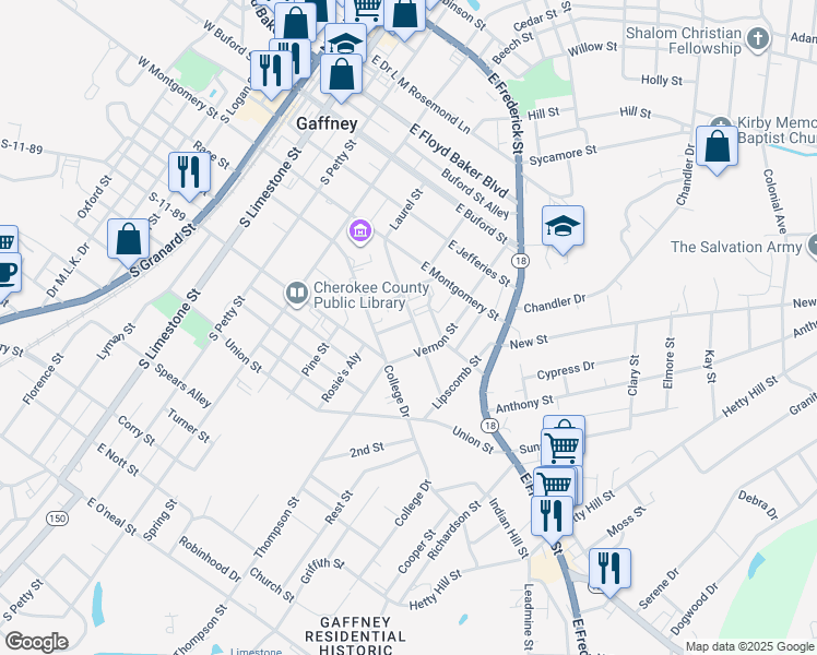 map of restaurants, bars, coffee shops, grocery stores, and more near 105 Piedmont Street in Gaffney