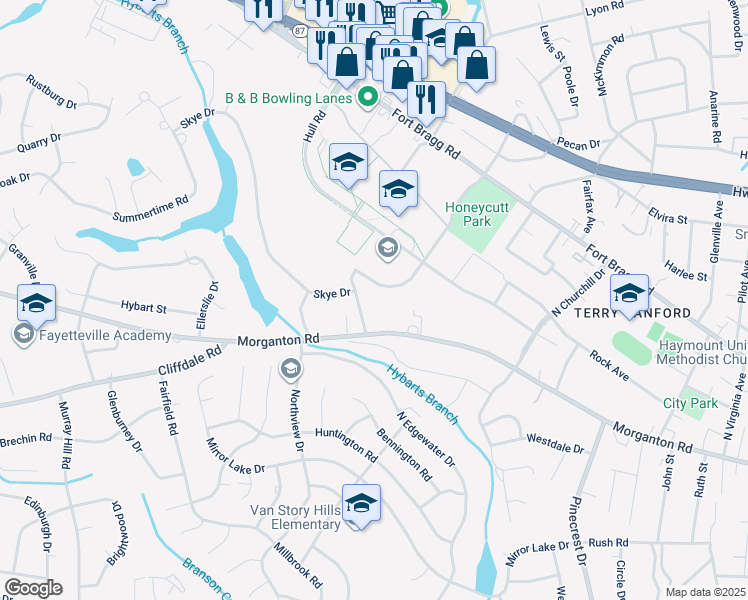 map of restaurants, bars, coffee shops, grocery stores, and more near 2712 Skye Drive in Fayetteville