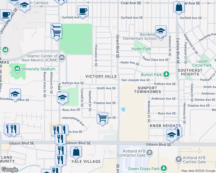 map of restaurants, bars, coffee shops, grocery stores, and more near 2723 Kathryn Avenue Southeast in Albuquerque