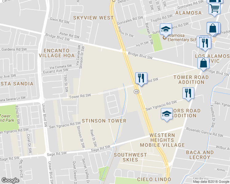 map of restaurants, bars, coffee shops, grocery stores, and more near 7105 Balearic Avenue Southwest in Albuquerque