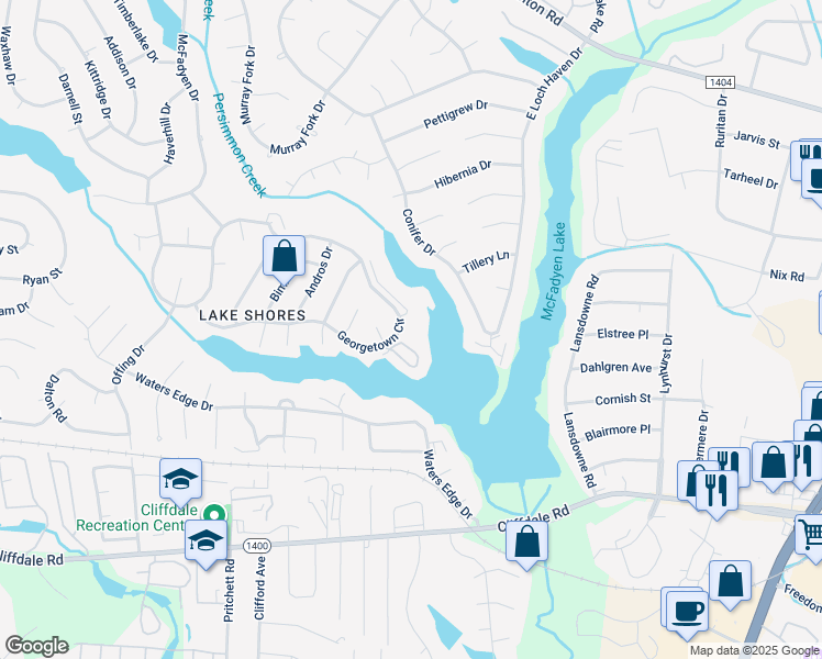 map of restaurants, bars, coffee shops, grocery stores, and more near 3310 Starboard Way in Fayetteville