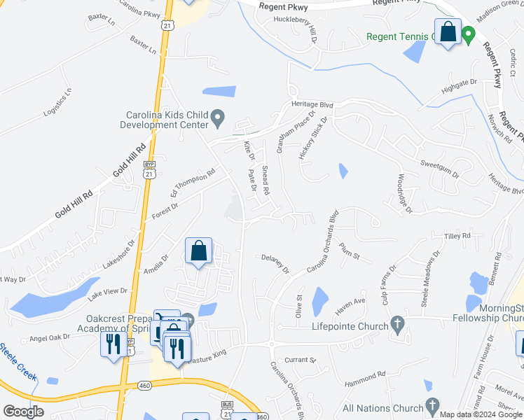 map of restaurants, bars, coffee shops, grocery stores, and more near 319 Berg Circle in Fort Mill