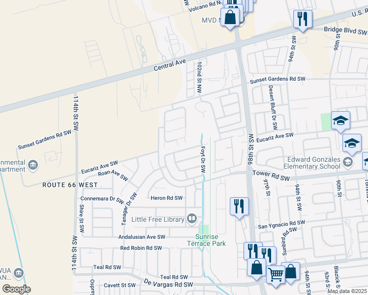 map of restaurants, bars, coffee shops, grocery stores, and more near 10401 Johncock Avenue Southwest in Albuquerque