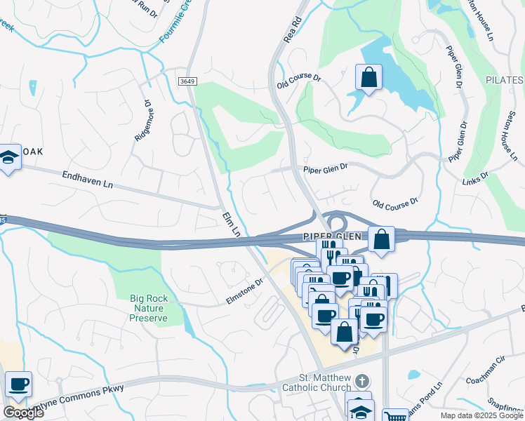 map of restaurants, bars, coffee shops, grocery stores, and more near 5551 Piper Glen Drive in Charlotte