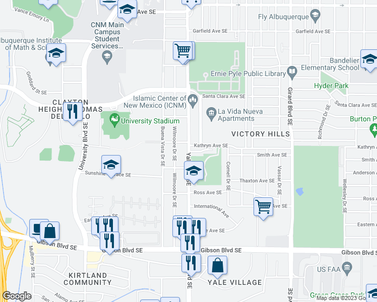 map of restaurants, bars, coffee shops, grocery stores, and more near Yale Blvd SE & Academic Pl SE in Albuquerque