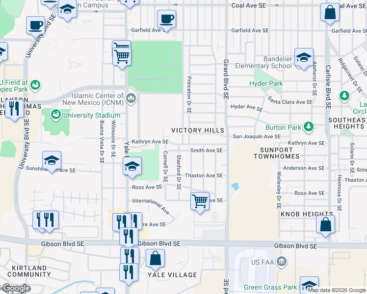map of restaurants, bars, coffee shops, grocery stores, and more near 1517 Princeton Drive Southeast in Albuquerque