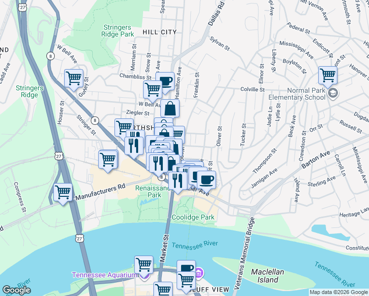 map of restaurants, bars, coffee shops, grocery stores, and more near 17 East Manning Street in Chattanooga