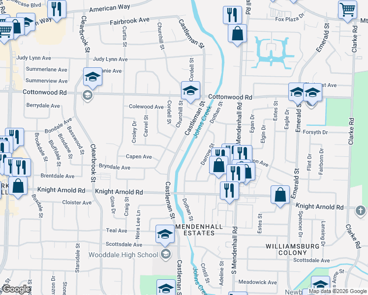 map of restaurants, bars, coffee shops, grocery stores, and more near 3044 Castleman Street in Memphis
