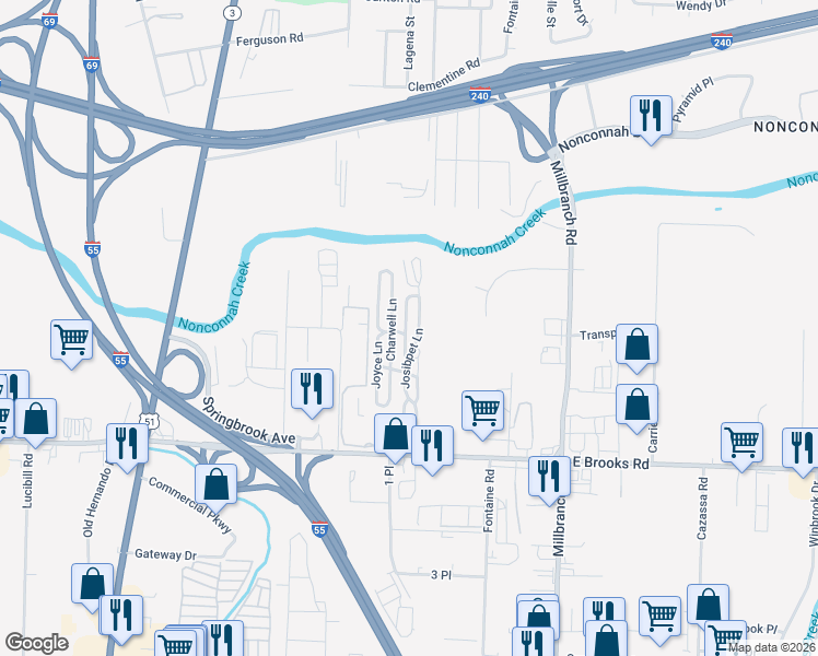 map of restaurants, bars, coffee shops, grocery stores, and more near 3046 Charwell Lane in Memphis