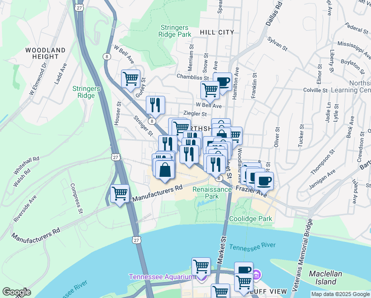 map of restaurants, bars, coffee shops, grocery stores, and more near 309 Cherokee Boulevard in Chattanooga