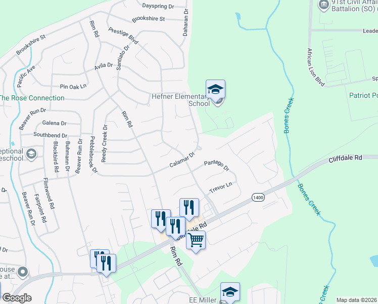 map of restaurants, bars, coffee shops, grocery stores, and more near 7094 Calamar Drive in Fayetteville