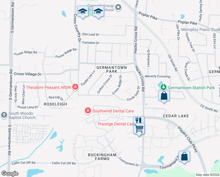 map of restaurants, bars, coffee shops, grocery stores, and more near 7962 Cross Ridge Drive in Germantown