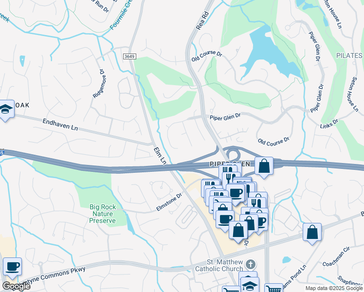 map of restaurants, bars, coffee shops, grocery stores, and more near 5551 Piper Glen Drive in Charlotte