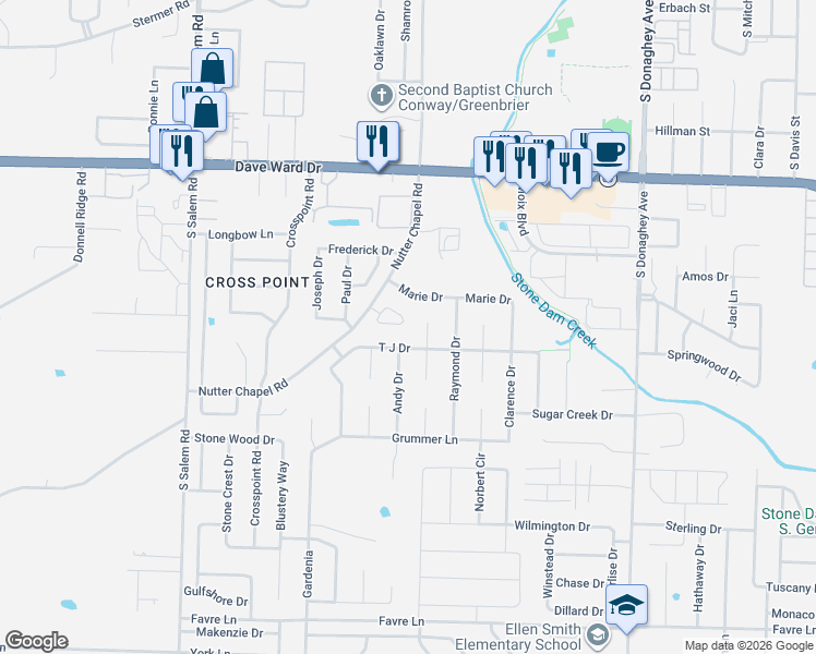 map of restaurants, bars, coffee shops, grocery stores, and more near 2595 Nutter Chapel Road in Conway