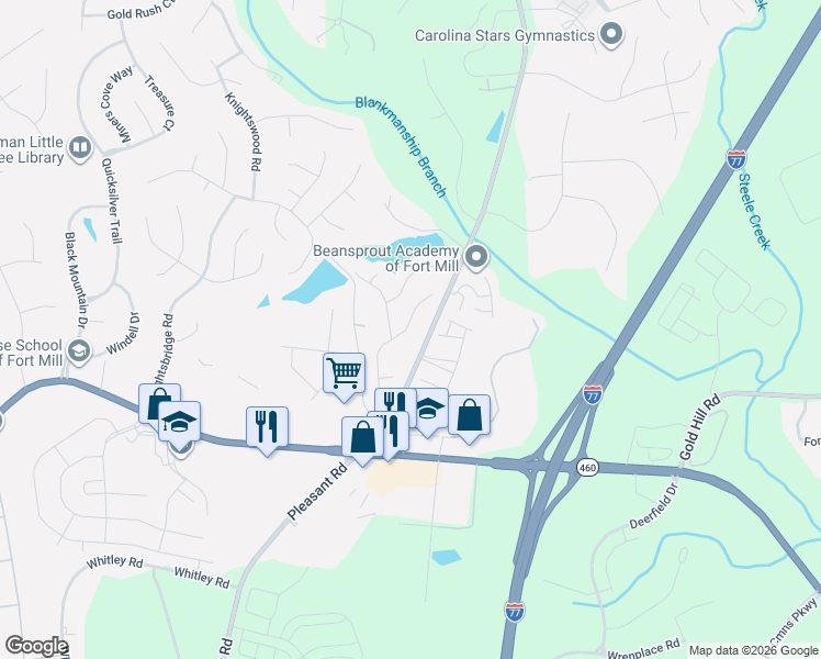 map of restaurants, bars, coffee shops, grocery stores, and more near 116 Canterbury Crossing in Fort Mill