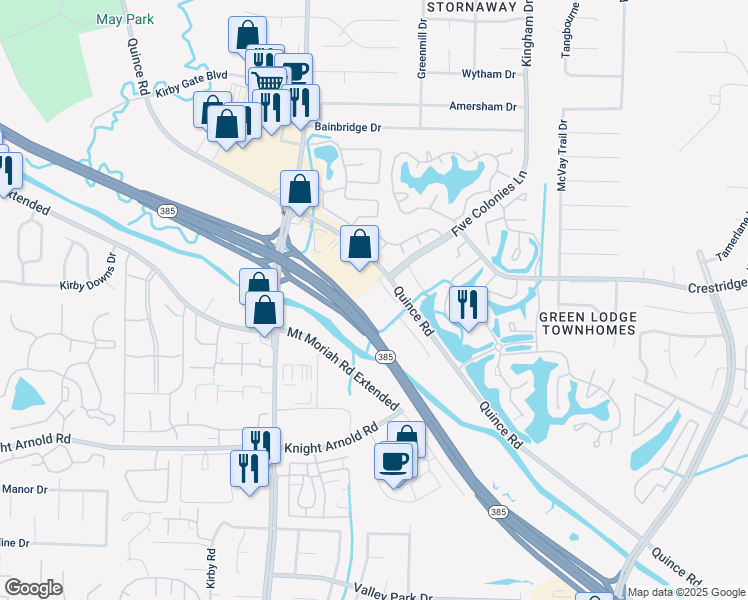 map of restaurants, bars, coffee shops, grocery stores, and more near 6733 Quince Road in Memphis
