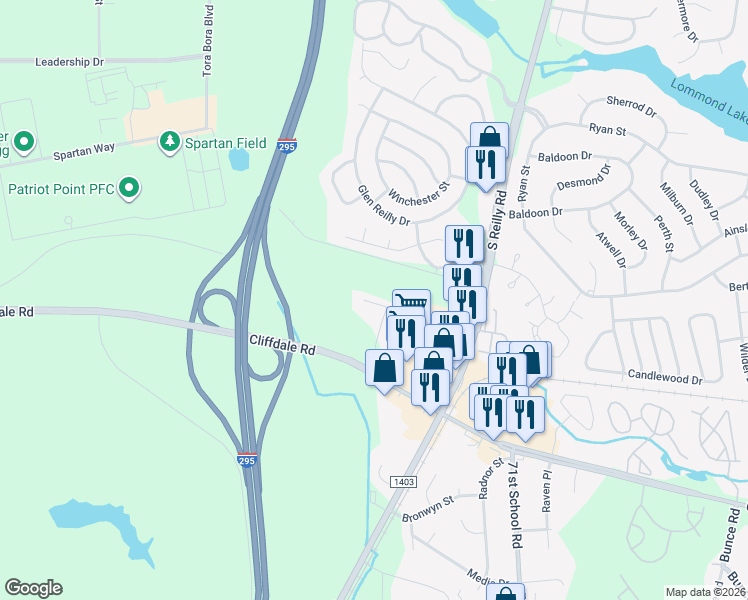 map of restaurants, bars, coffee shops, grocery stores, and more near 616 Marshtree Lane in Fayetteville