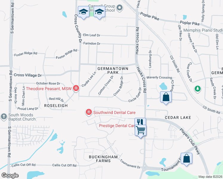 map of restaurants, bars, coffee shops, grocery stores, and more near 7942 Cotton Cross Cove in Germantown