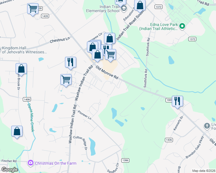 map of restaurants, bars, coffee shops, grocery stores, and more near 1021 Glenn Valley Lane in Indian Trail