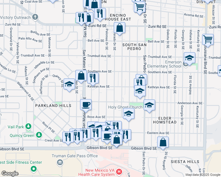 map of restaurants, bars, coffee shops, grocery stores, and more near 5708 Kathryn Avenue Southeast in Albuquerque