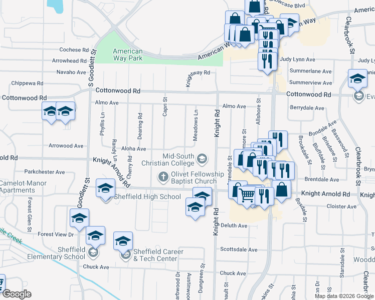 map of restaurants, bars, coffee shops, grocery stores, and more near 3060 Knightway Road in Memphis