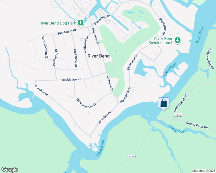 map of restaurants, bars, coffee shops, grocery stores, and more near 111 Shoreline Drive in New Bern