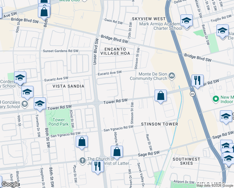 map of restaurants, bars, coffee shops, grocery stores, and more near 7615 Pronghorn Rd SW in Albuquerque