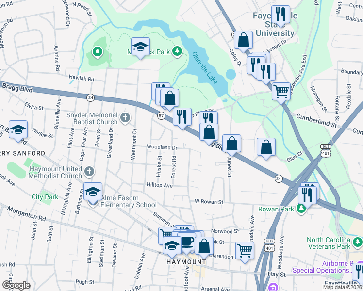 map of restaurants, bars, coffee shops, grocery stores, and more near 1216 Woodland Drive in Fayetteville