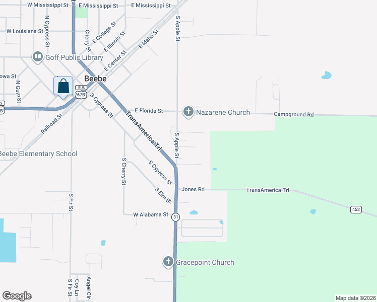 map of restaurants, bars, coffee shops, grocery stores, and more near 106 Fox Street in Beebe