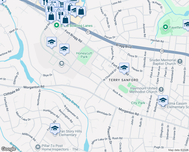 map of restaurants, bars, coffee shops, grocery stores, and more near 206 Marshall Road in Fayetteville