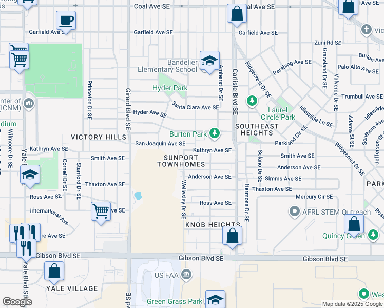 map of restaurants, bars, coffee shops, grocery stores, and more near 3416 Kathryn Avenue Southeast in Albuquerque