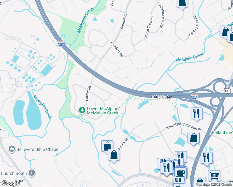 map of restaurants, bars, coffee shops, grocery stores, and more near 11413 Vista Haven Drive in Charlotte