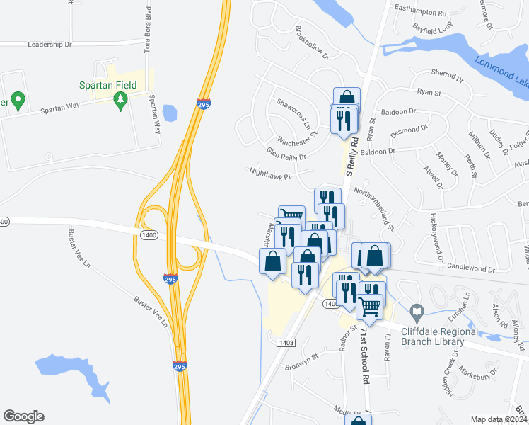 map of restaurants, bars, coffee shops, grocery stores, and more near 616 Marshtree Lane in Fayetteville