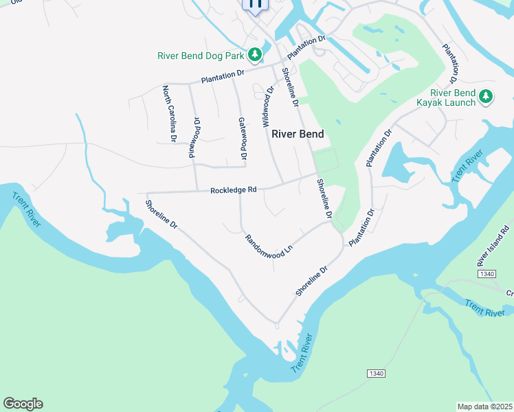 map of restaurants, bars, coffee shops, grocery stores, and more near 105 Oakleaf Court in New Bern