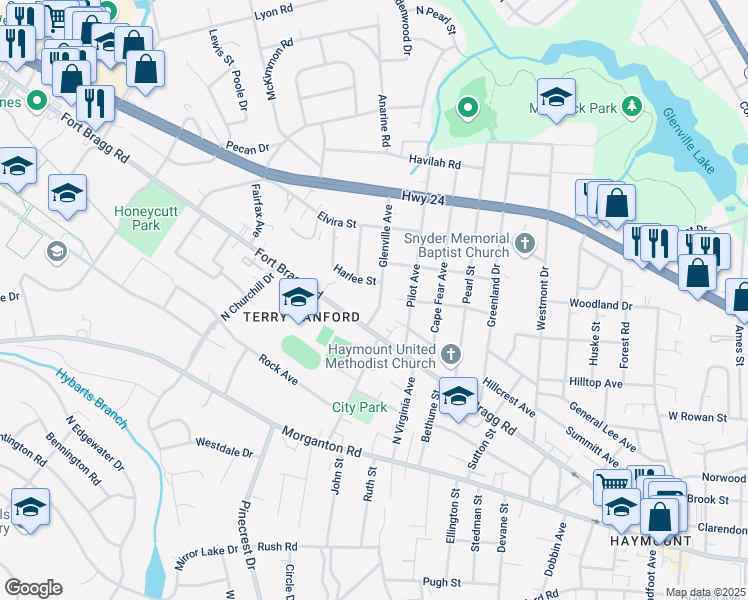 map of restaurants, bars, coffee shops, grocery stores, and more near 403 Glenville Avenue in Fayetteville